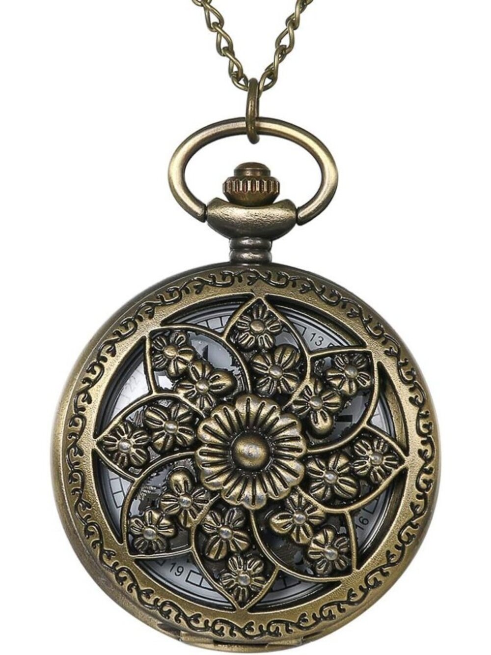 Women's White Quartz Antique Bronze Retro Hollow Rose Flowers Round Pocket Watch - Picture 1 of 6